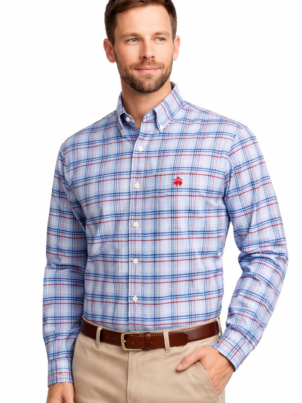 Brooks Brothers XL Slim Fit Plaid Button Down Supima Cotton Blue Red Preppy